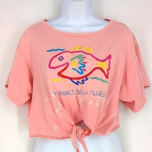 Vintage Oversized Pink Embroidered Ft. Myers Beach Florida Tie-Front T-Shirt XL